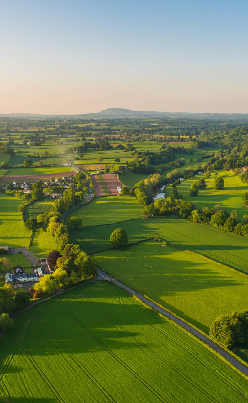 Warm sunset light illuminating the picturesque patchwork quilt landscape of green pasture, agricultural crops, farms and villages below clear blue panoramic skies.