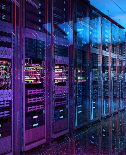 Data center server racks. IT modern hardware server room, data storage center, database information system. Hosting, it data backup, computing technology service, network security, artificial intelligence supercomputers, 3D mixed-media illustration